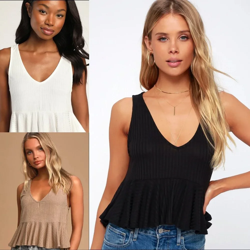 3-for-1!! Lulu's Ribbed V-Neck Ruffled Cropped Tank Tops - Picture 1 of 14